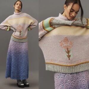 Anthropologie Sweater Mock Neck Flower Embroidered Lavender Knit Sweater M